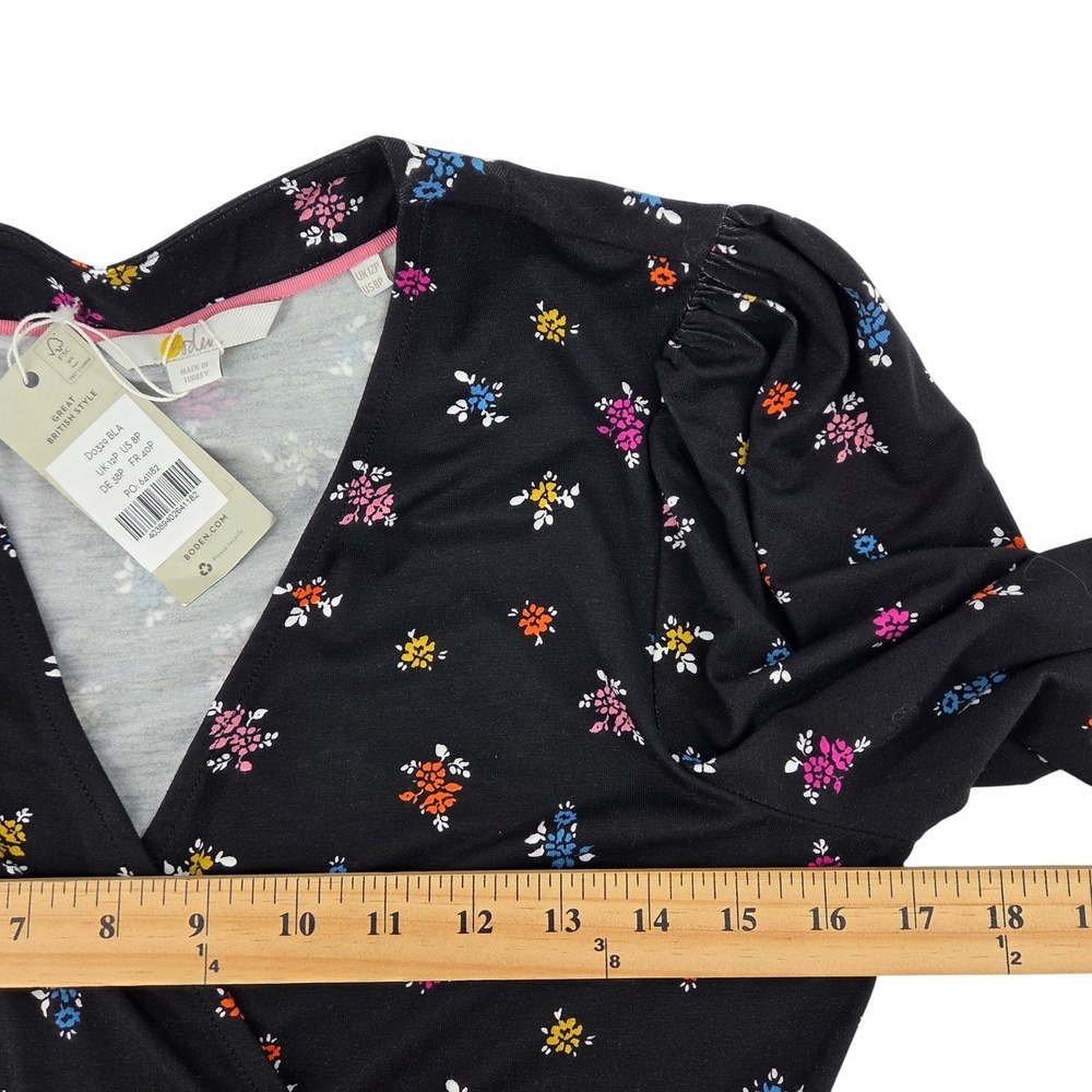 Boden Black Dainty Floral Wrap Dress Long Sleeve V Neck Midi Pockets 8P‎ - Picture 5 of 12